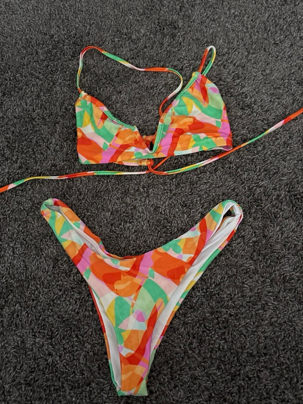 Hello Molly Multicolor Abstract Print Bikini — Orange, Green, Pink